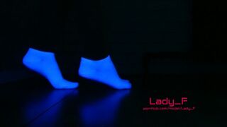 Mistress Show Stunning Feet in White Socks in Neon Light, Foot Worship POINT OF VIEW