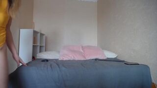 Flexible Mia Rubs her Clit by Massive Pink Dildo through Panties