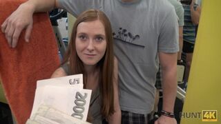 HUNT4K. Long-haired Strawberry Blonde with Sweet Face Sells Tiny Snatch for Money