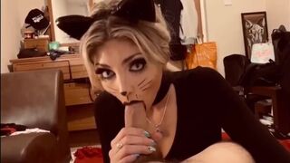 Blonde Youngster in Halloween Cat Costume Bizarre gives Oral Sex and Gets Poked in Leotard