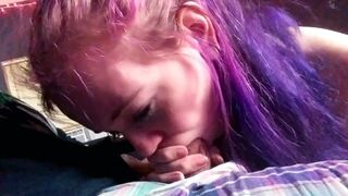 Purple Hair Youngster Swallowing Old Meat