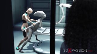 Alien Lezzie Sex in Sci-fi Lab. Female Android Plays with an Alien