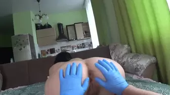 Fisting with Medical Gloves to Cumming very Hairy Vagina and Humongous Bum POINT OF VIEW