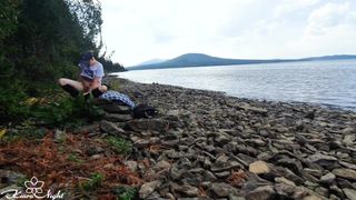 Whore Masturbte Vagina while Walking in Nature