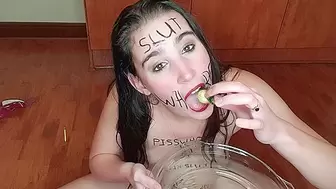 Nasty Talking Piss Bitch Eats Piss Covered Fruit Degrading Body Writing