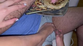 eating chicken and waffles while getting footjob by thin Muslim Pakistani slut