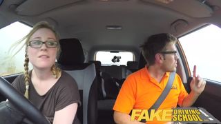 Fake Driving School Pigtail Blonde Cutie with Hairy Teen Pussy Creampie