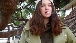 Fresh Brunette Is Taking An Unhurried Stroll With Allwhite 120mm Cigarette