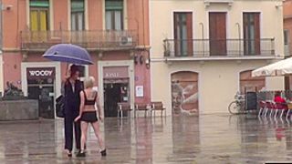 Lezdom strawberry blonde MILF shows youngster bondservant outdoor in public