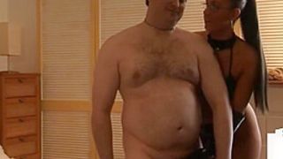 Smallcock chunky hubby gets HJ from domina while watching lez sex