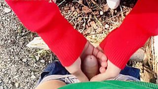 Petite Schoolgirl Masturbates Hand-Job My Horny Penis Outdoor In The Wood