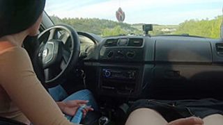 Public Hand-Job In A Car Next To The Road - Self Perspective Meat Stroking