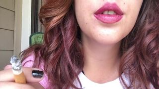 Sexy Brunette Babe Smoking 100 w Pink Lipstick and Fuzzy hello Kitty Shirt