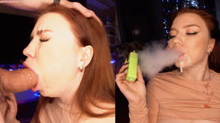 She smokes and BLOWS my penis! And then I COVER her FACE with CUM! JUST LOOK how happy she is!