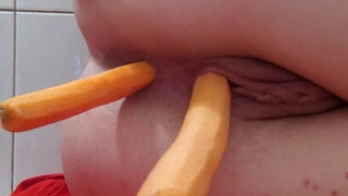 Fucking my virgin youngster holes with chunky carrots instead of toys