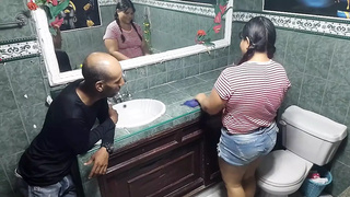 I'm in four cleaning the bathroom and the cougar hubby of the house arrives to put his watery prick