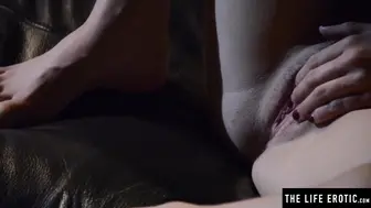 See this sweet teeny play with her perfect titties and hairy cunt