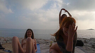 Naked Working Out On A Rocky Beach Cold January Day On Winter Vacation