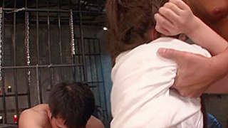 Threeway BDSM session with a tied up lady in prison - FapHouse