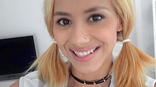 Blondie caresses her naked body to get orgasms