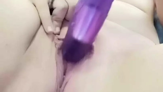 Playing with my monstrous purple dildo till I squirt all over my bathroom floor