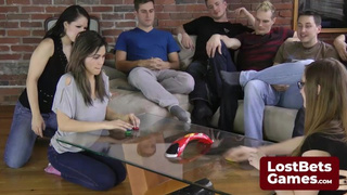 4 lucky men participate in a strip game and enjoy watching the ladies strip down