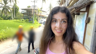 Sweet Bitch Eating Burger with Sperm on Her Face in Public Cafe