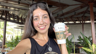Bj in a Public Toilet Starbucks and Cumwalk - She drinks coffee with jizz on face among people