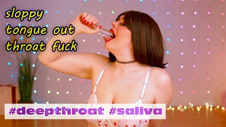 Sloppy throat fuck by clear double headed dildo and spit on my gigantic tits