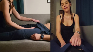 Oral sex and cowgirl cream-pie. POINT OF VIEW and side view together