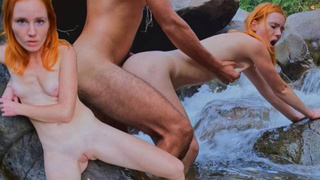 Chilled by the flow, but burning with DESIRE — fresh couple in the mountain river