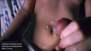 Sex games with my quee BF and cum-shot on my belly button! Femboy, white lingerie, and an ass-sex