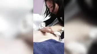 Amateur Teen Lady Wax Massaging Masturbation Handjob makes Big Dick Cum