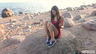 Gorgeous Teenie Licks Prick on the Beach. SELF PERSPECTIVE